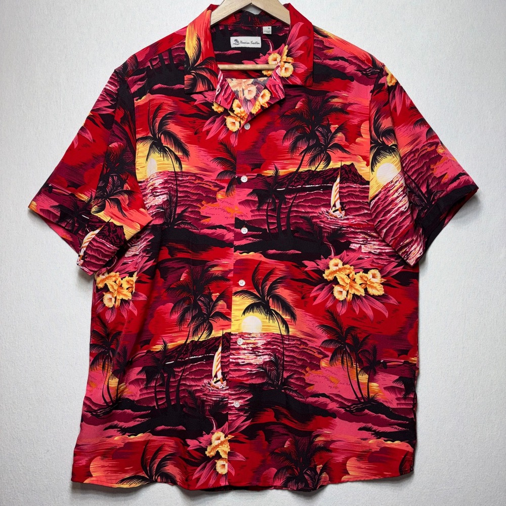 Hawaiian Vacation Sunset‎ Palm Tree Hawaiian Shirt Red Black Size XL